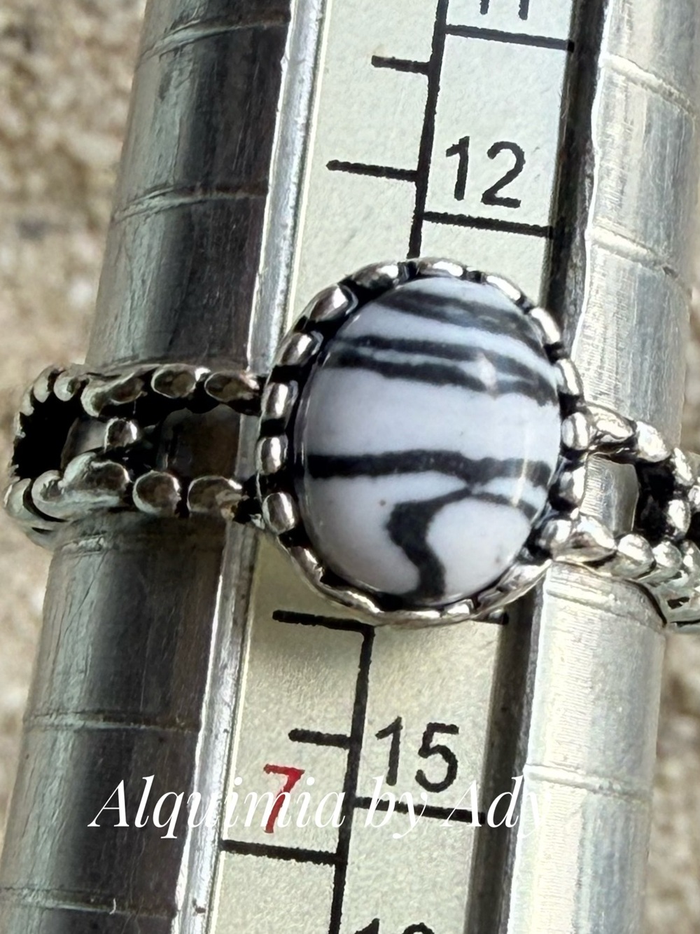 White and Black Striped Stone Silver Ring - Women Jewelry
